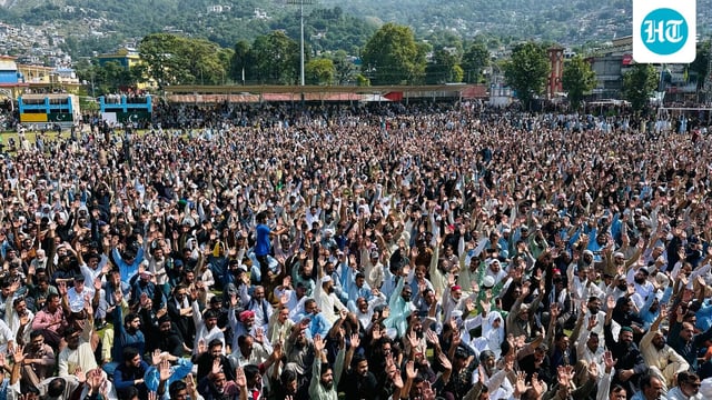 Members of Awami Action Committee chant slogans as they attend the funeral prayers of three victims, who were killed in Wednesday's clashes between police and protestors, in Muzaffarabad, the capital of Pakistani controlled Kashmir, Thursday, Oct. 2, 2025.