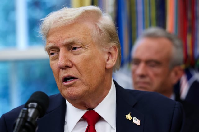 U.S. President Donald Trump announces a deal with Pfizer to lower Medicaid drug prices in the Oval Office of the White House on September 30, 2025, in Washington, DC. (Win McNamee/Getty Images)