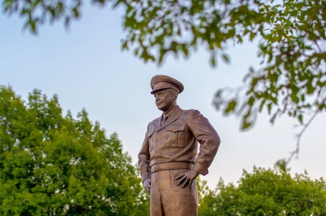 A statue of President Dwight D. Eisenhower stands outside the Eisenhower Presidential Library, Museum and Boyhood Home in Abilene, Kansas.