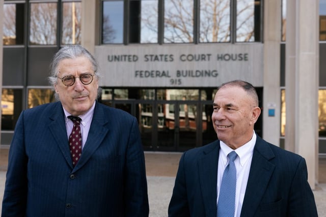 Kosta Diamantis, right, and his attorney Norm Pattis exit U.S. District Court in Bridgeport on Feb. 28, 2025. Credit: Shahrzad Rasekh / CT Mirror