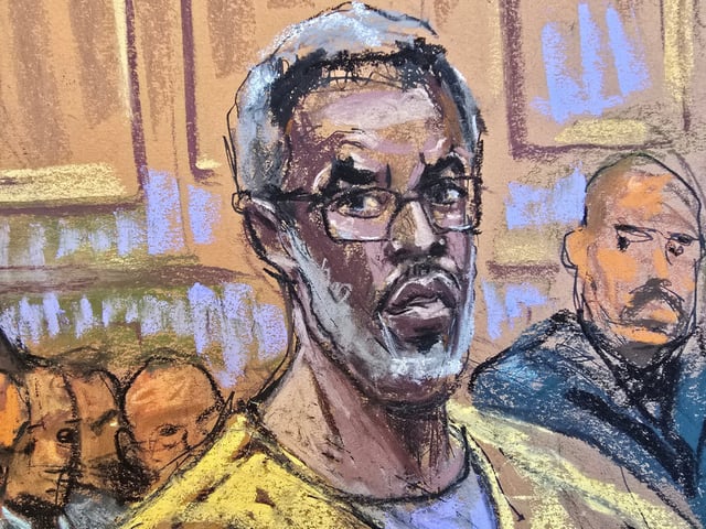 Sean "Diddy" Combs listens as lawyer Alexandra Shapiro argues during a hearing over his bid to overturn his conviction on charges of transportation to engage in prostitution, at a courtroom in New York, U.S., September 25, 2025 in this courtroom sketch.   REUTERS/Jane Rosenberg