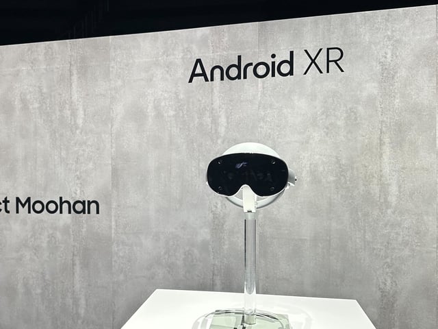 Samsung Project Moohan headset and the Android XR logo at Samsung Unpacked 2025