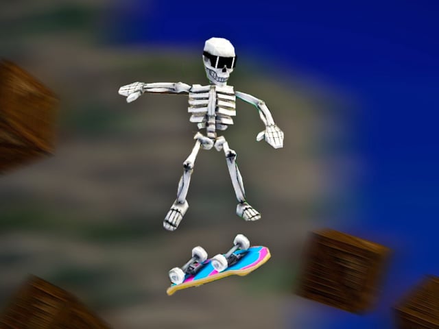 A skeleton doing a trick on a skateboard