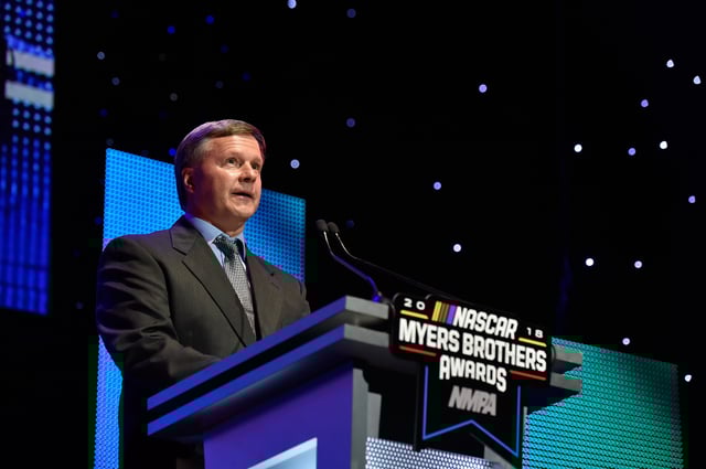 LAS VEGAS, NV - NOVEMBER 28:  Grant Lynch, Talladega Superspeedway Chairman accepts the Champion Buddy Shuman Award during the NASCAR NMPA Myers Brothers Awards at the Wynn Las Vegas on November 28, 2018 in Las Vegas, Nevada.  (Photo by David Becker/Getty Images)