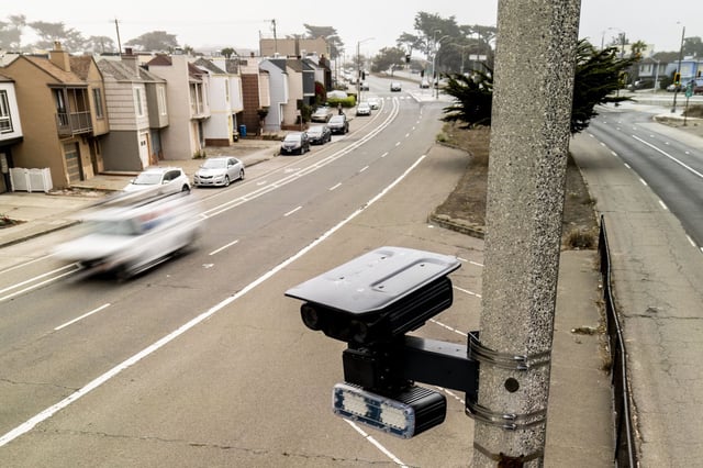 A speed camera is seen at Lincoln Way in San Francisco, Thursday, Aug. 7, 2025. The automated camera is one of the 33 cameras installed throughout San Francisco that began issuing tickets starting on Aug. 5, 2025.