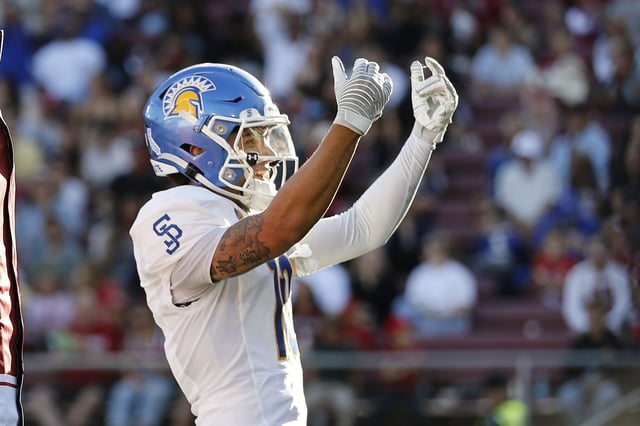 San Jose State Spartans wide receiver Danny Scudero celebrates after scoring a touchdown last Saturday during the first half of a 30-29 road loss against Stanford.
