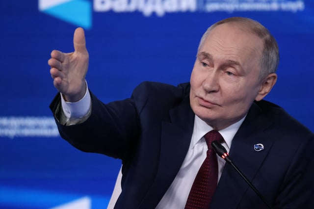 Russian President Vladimir Putin speaks during an annual plenary session of the Valdai Discussion Club, on October 2, 2025 in Sochi, Russia.