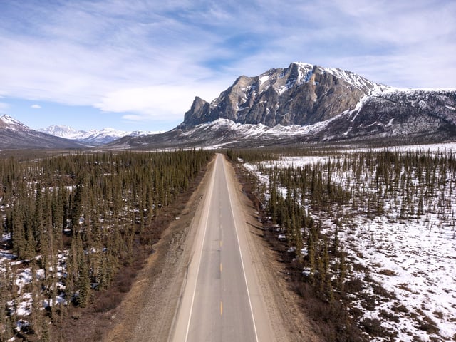 WISEMAN, ALASKA - MAY 10: An aerial view of Sukakpak Mountain along the Dalton Highway on May 10, 2025 about 16 miles northeast of Wiseman, Alaska. The Dalton Highway (Alaska Route 11) stretches 414 miles across northern Alaska from Livengood (53 miles north of Fairbanks) to Prudhoe Bay. (Photo by Lance King/Getty Images)