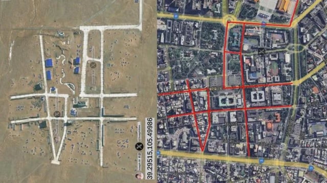 A Chinese military training site in China's Inner Mongolia region (left) is an exact replica of the road network near Taiwan's Presidential Palace (right).