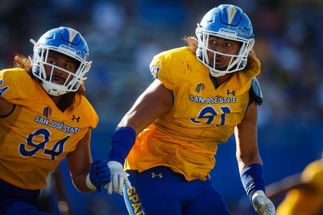 San Jose State’s Mata Hola (94) and  San Jose State’s Quincy Likio (91) watch Idaho in the fourth quarter at CEFCU Stadium in San Jose, Calif., on Saturday, Sept. 20, 2025. (Shae Hammond/Bay Area News Group)