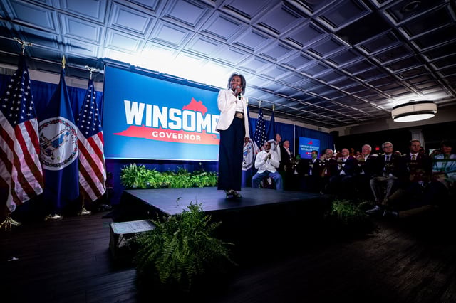 Winsome Earle-Sears, Republican gubernatorial candidate for Virginia, speaks during a campaign event at the Vienna Volunteer Fire Department in Vienna, Virginia, on July 1.