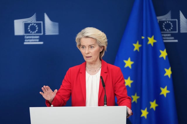 European Commission President Ursula von der Leyen delivers a statement during a media conference at EU headquarters in Brussels, Tuesday, Sept. 30, 2025. (AP Photo/Virginia Mayo) Associated Press / LaPresse Only italy and spain. EDITORIAL USE ONLY/ONLY ITALY AND SPAIN