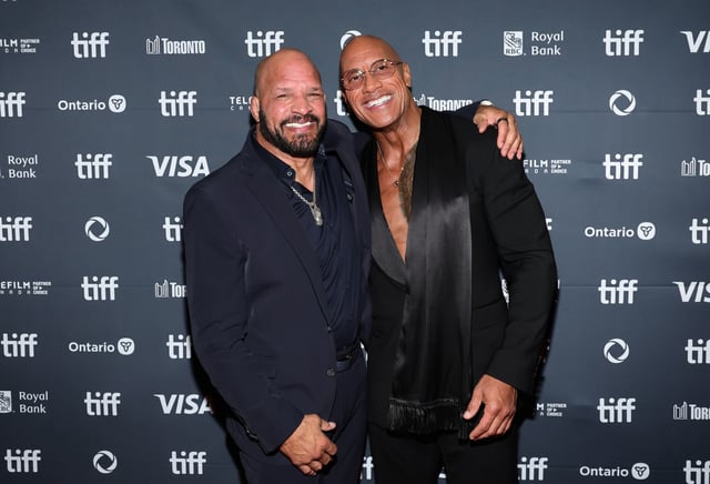 Mark Kerr and Dwayne Johnson attend the premiere of "The Smashing Machine" during the 2025 Toronto International Film Festival at Princess of Wales Theatre on Sept. 8, 2025.