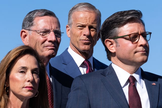 From left, House Republican Conference Chair Lisa McClain of Michigan, Senate Majority Whip John Barrasso, R-Wyo., Senate Majority Leader John Thune, R-S.D., and Speaker Mike Johnson, R-La., hold a news conference outside the Capitol on Wednesday, largely blaming Democrats for the partial government shutdown. (Tom Williams/CQ Roll Call)
