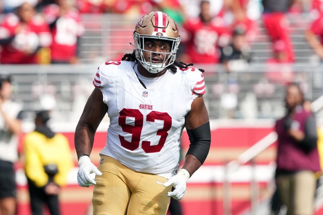Sep 28, 2025; Santa Clara, California, USA; San Francisco 49ers defensive tackle Kalia Davis (93) during the third quarter against the Jacksonville Jaguars at Levi's Stadium. Mandatory Credit: Darren Yamashita-Imagn Images