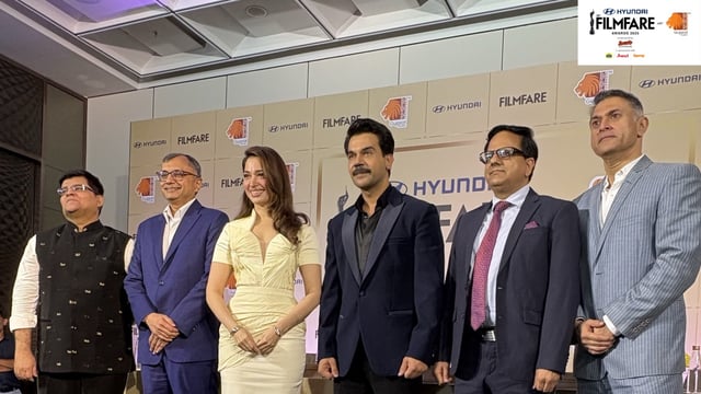 Mr. Jitesh Pillai (Editor-In-Chief, Filmfare), Mr. Tarun Garg (Whole-Time Director and Chief Operating Officer, Hyundai Motor India Limited), Ms. Tamannaah Bhatia (Actor), Mr. Rajkummar Rao (Actor), Mr. Rohit Gopakumar (Director of Worldwide Media and CEO of ZENL, BCCL TV & Digital Network), Shri Rajender Kumar (IAS) - Tourism Secretary, Govt of Gujarat at the press conference of the 70th Hyundai Filmfare Awards 2025 With Gujarat Tourism.