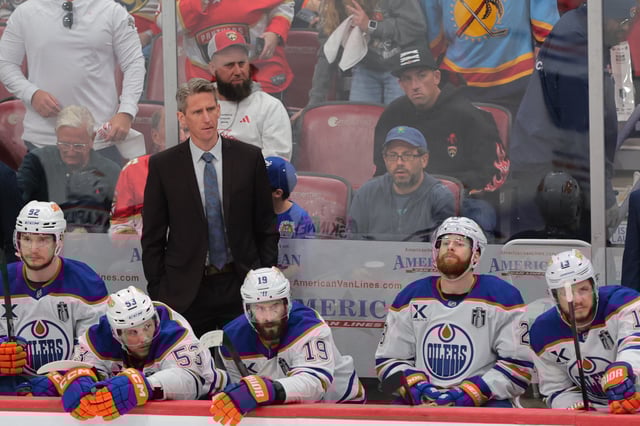 Jun 12, 2025; Sunrise, Florida, USA; Edmonton Oilers head coach Kris Knoblauch looks on during the third period against the Florida Panthers in game four of the 2025 Stanley Cup Final at Amerant Bank Arena. Mandatory Credit: Sam Navarro-Imagn Images