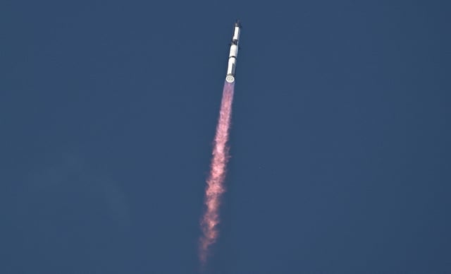 A SpaceX Super Heavy booster carrying the Starship spacecraft lifts off on its 10th test flight at the company's launchpad in Starbase, Texas, on August 26.