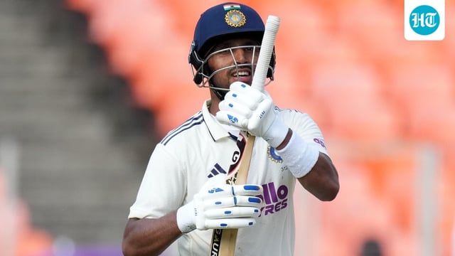 India's Dhruv Jurel celebrates after scoring a century on the second day of the first Test match.