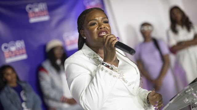 Then-Rep. Cori Bush delivers a concession speech at her Democratic primary election night watch party in St. Louis on Aug. 6, 2024. Photo: Michael B. Thomas/Getty Images