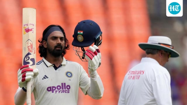 India’s KL Rahul celebrates after scoring a century on the second day of the first Test against West Indies. (AP)