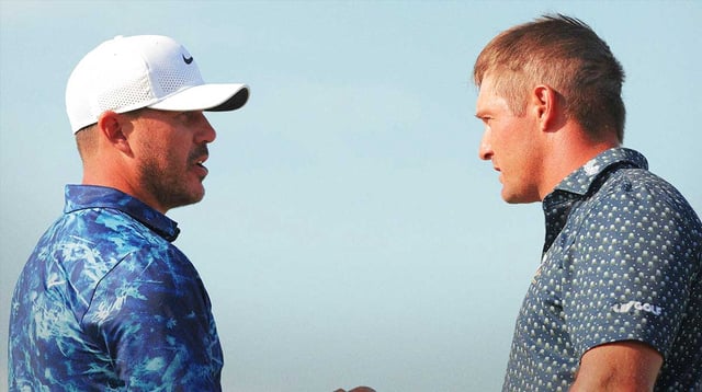 Sep 13, 2024; Bolingbrook, Illinois, USA; (Editors Notes: Caption Correction) Bryson DeChambeau of the Crushers GC and Brooks Koepka of the Smash GC shake hands after the first round of the LIV Golf Chicago tournament at Bolingbrook Golf Club. Mandatory Credit: Melissa Tamez-Imagn Images