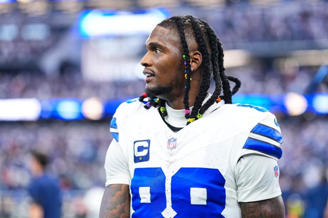 CeeDee Lamb #88 of the Dallas Cowboys celebrates after an NFL football game against the New York Giants at AT&T Field on September 14, 2025 in Arlington, Texas.