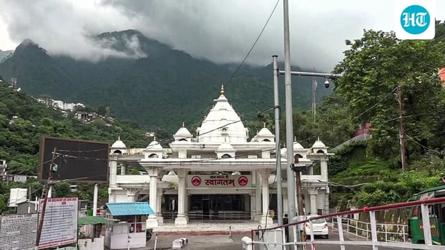 A deserted view of the Banganga entrance gate as the Shri Mata Vaishno Devi Yatra remains suspended for the sixth consecutive day due to landslides triggered by incessant rainfall, at Katra in Reasi on Sunday.