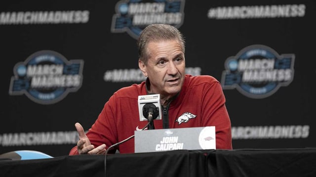 March 26, 2025; San Francisco, CA, USA; Arkansas Razorbacks head coach John Calipari addresses the media in a press conference during NCAA Tournament West Regional Practice at Chase Center. Mandatory Credit: Kyle Terada-Imagn Images