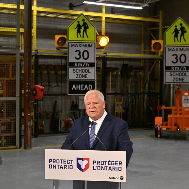 Premier Doug Ford speaks about roadway speed cameras at the Vaughan Joint Operations Centre in Vaughan, Ontario on Thursday, Sept. 25, 2025. THE CANADIAN PRESS/Jon Blacker
