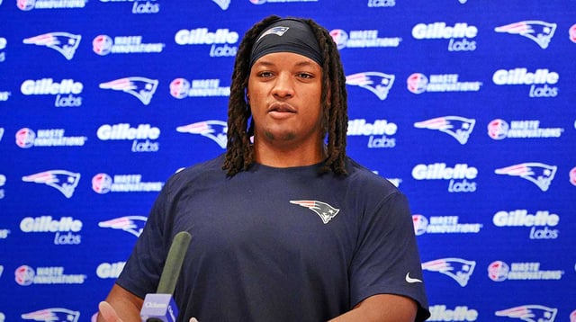 May 9, 2025; Foxborough, MA, USA; New England Patriots center Jared Wilson (58) speaks to the media after rookie camp at Gillette Stadium. Mandatory Credit: Eric Canha-Imagn Images