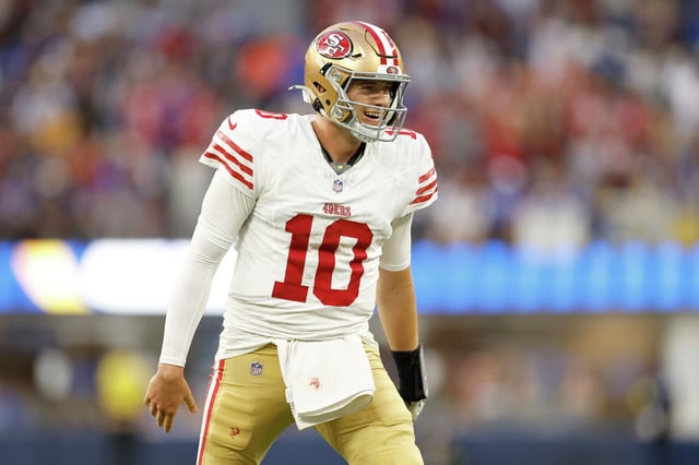 Mac Jones of the San Francisco 49ers reacts after throwing a touchdown pass during the second quarter against the Los Angeles Rams at SoFi Stadium on Oct. 2, 2025, in Inglewood, Calif.