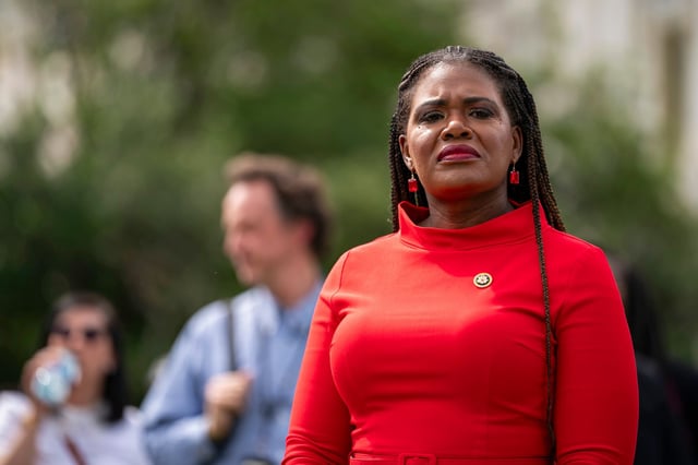 Representative Cori Bush, a Democrat from Missouri, during a news conference with students from George Washington University outside the US Capitol in Washington, DC, US, on Wednesday, May 8, 2024.