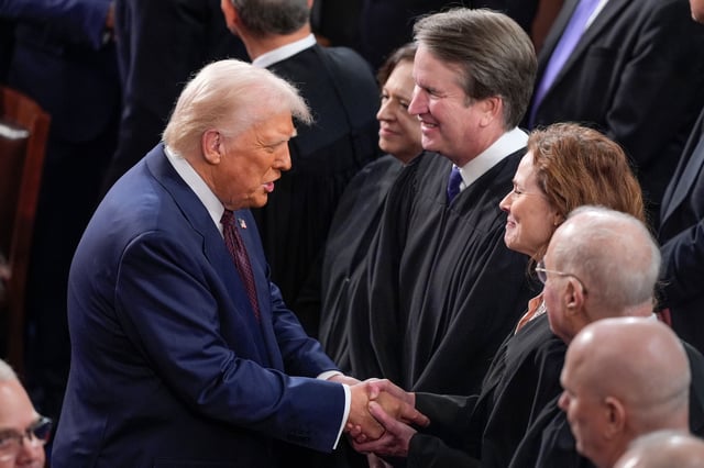FILE - President Donald Trump, left, greets justices of the Supreme Court, from left, Elena Kagan, Brett Kavanaugh and Amy Coney Barrett, before addressing a joint session of Congress at the Capitol in Washington, March 4, 2025. (AP Photo/J. Scott Applewhite, File)