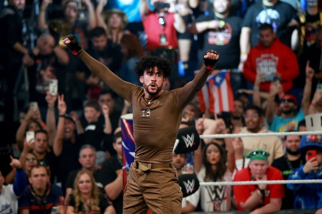 SAN JUAN, PUERTO RICO - MAY 06: Bad Bunny celebrates his victory on the ring during the WWE Backlash at Coliseo de Puerto Rico José Miguel Agrelot on May 06, 2023 in San Juan, Puerto Rico. (Photo by Gladys Vega/ Getty Images)