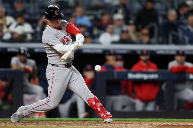 NEW YORK, NEW YORK - OCTOBER 02: Alex Bregman #2 of the Boston Red Sox grounds into a force out during the sixth inning against the New York Yankees in game three of the American League Wild Card Series at Yankee Stadium on October 02, 2025 in the Bronx borough of New York City. (Photo by Ishika Samant/Getty Images)