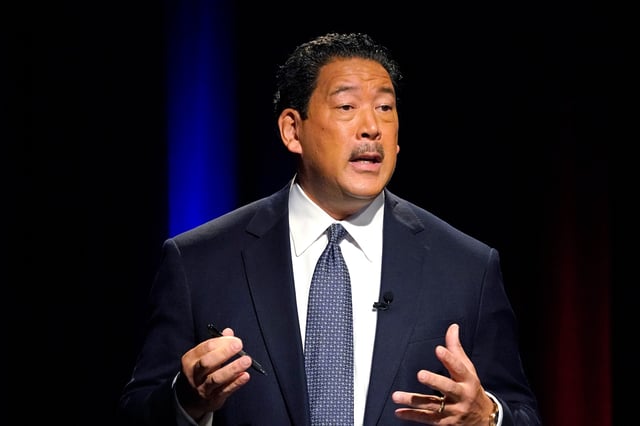 FILE - Bruce Harrell speaks during a mayoral debate in Seattle, Oct. 28, 2021. Harrell is asking members of the city council who recently voted against adopting the state's controlled substance law to consider an amended plan. Harrell on Monday, July 31, 2023, offered a proposal that would align the city's code with new state law, making possession and public use of drugs such as fentanyl a gross misdemeanor. (AP Photo/Elaine Thompson, Pool, File)