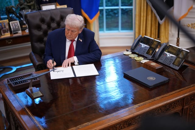 WASHINGTON, DC - SEPTEMBER 25: U.S. President Donald Trump signs an executive order mandating the death penalty in the District of Columbia in the Oval Office of the White House on September 25, 2025 in Washington, DC. Trump signed proclamations and executive orders, including approving a partial sale of TikTok’s U.S. operations, following a 2024 law requiring parent company ByteDance to divest or face a ban. (Photo by Andrew Harnik/Getty Images)