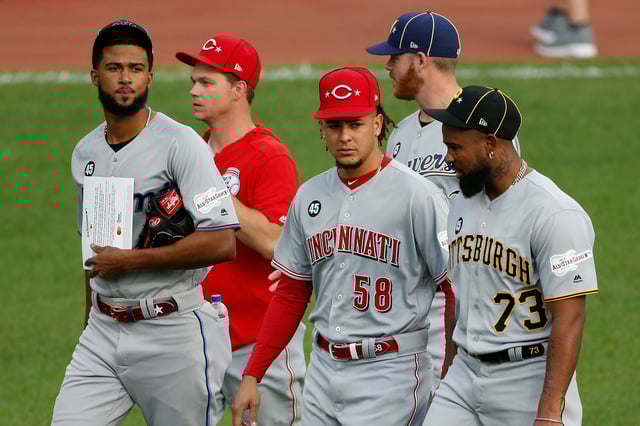 CLEVELAND, OHIO - JULY 09: Sandy Alcantara #22 of the Miami Marlins, Luis Castillo #58 and Sonny Gray #54 of the Cincinnati Reds, Brandon Woodruff #53 of the Milwaukee Brewers and Felipe Vazquez #73 of the Pittsburgh Pirates during the 2019 MLB All-Star Game at Progressive Field on July 09, 2019 in Cleveland, Ohio. (Photo by Kirk Irwin/Getty Images)