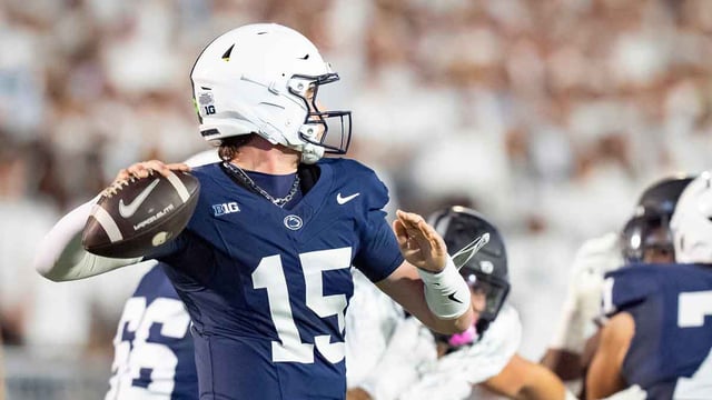 Penn State quarterback Drew Allar throws a pass as the Oregon Ducks face the Penn State Nittany Lions on Sept. 27, 2025, at Beaver Stadium in University Park, Pennsylvania.