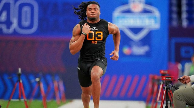 Mar 1, 2025; Indianapolis, IN, USA; Texas running back Jaydon Blue (RB03) during the 2025 NFL Combine at Lucas Oil Stadium. Mandatory Credit: Kirby Lee-Imagn Images