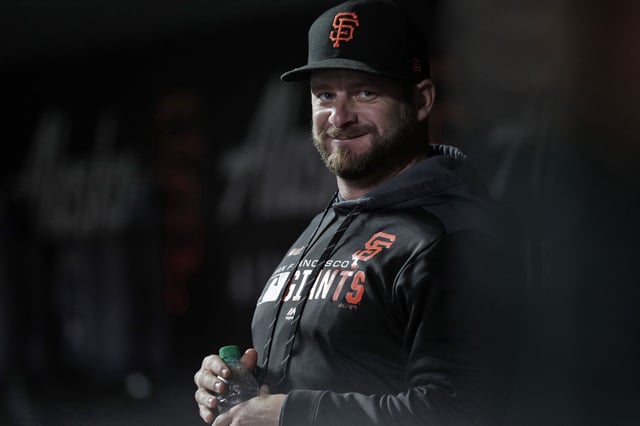 Stephen Vogt when he was still an active catcher playing for the San Francisco Giants, in their dugout at Oracle Park in San Francisco, Calif., on Tuesday, August 13, 2019.
