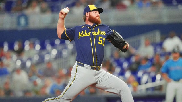 Jul 6, 2025; Miami, Florida, USA; Milwaukee Brewers starting pitcher Brandon Woodruff (53) throws a pitch in the first inning against the Miami Marlins at loanDepot Park. Mandatory Credit: Jim Rassol-Imagn Images