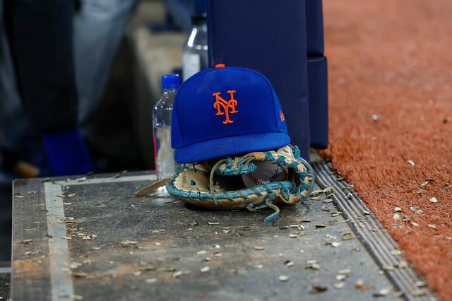 TORONTO, CANADA - SEPTEMBER 10: A detail view of a New York Mets hat during a game against the Toronto Blue Jays at Rogers Centre on September 10, 2024 in Toronto, Canada.