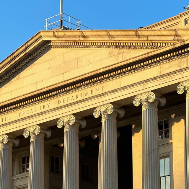The Treasury Department is seen near sunset in Washington, Wednesday, Jan. 18, 2023. The Treasury Department projects that the federal government on Thursday will reach its legal borrowing capacity, an artificially imposed cap that lawmakers have increased roughly 80 times since the 1960s. Markets so far remain calm, as the government can temporarily rely on accounting tweaks to stay open.  (AP Photo/Jon Elswick)