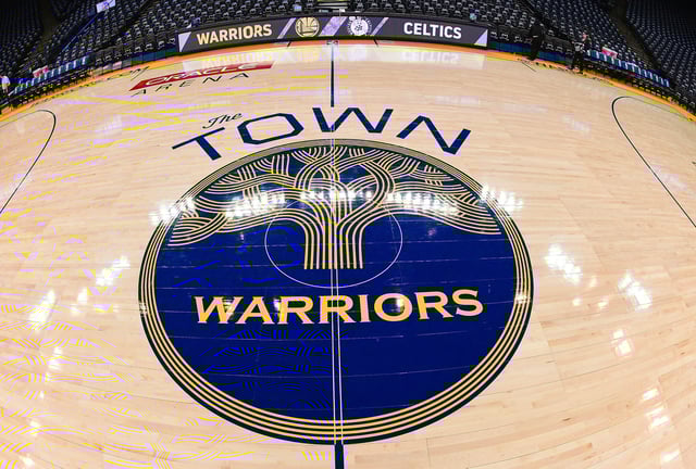 OAKLAND, CA - JANUARY 27:  A detailed view of the "The Town" logo for the Golden State Warriors at center court prior to the start of an NBA basketball game between the Warriors and Boston Celtics at ORACLE Arena on January 27, 2018 in Oakland, California. NOTE TO USER: User expressly acknowledges and agrees that, by downloading and or using this photograph, User is consenting to the terms and conditions of the Getty Images License Agreement.  (Photo by Thearon W. Henderson/Getty Images)