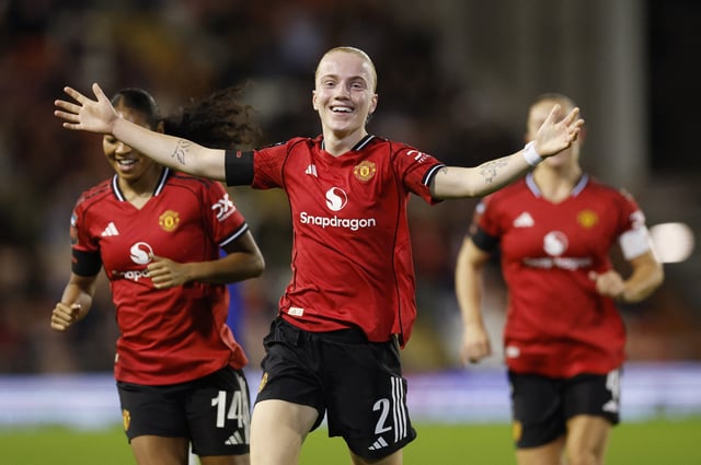Soccer Football - Women's Super League - Manchester United v Chelsea - Leigh Sports Village, Leigh, Britain - October 3, 2025 Manchester United's Anna Sandberg celebrates scoring their first goal Action Images via Reuters/Jason Cairnduff