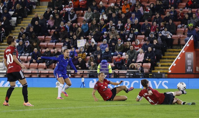 Soccer Football - Women's Super League - Manchester United v Chelsea - Leigh Sports Village, Leigh, Britain - October 3, 2025 Chelsea's Guro Reiten shoots at goal Action Images via Reuters/Jason Cairnduff