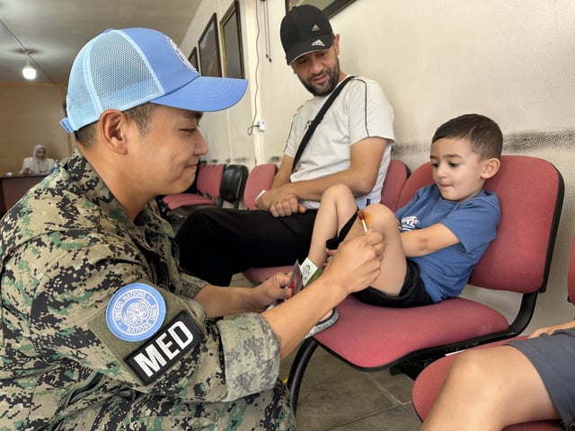 A soldier deployed to the Dongmyeong unit in Lebanon provides medical support in this photo provided by South Korea's Joint Chiefs of Staff on Oct. 4, 2025. (PHOTO NOT FOR SALE) (Yonhap)