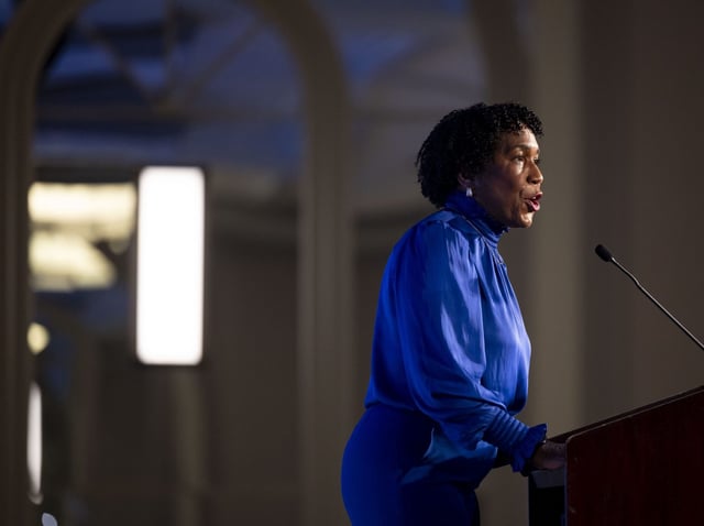 Lt. Gov. Juliana Stratton speaks during the annual luncheon for Personal PAC, an abortion rights advocacy organization, on Sept. 23, 2024, at the Chicago Hilton. (Brian Cassella/Chicago Tribune)